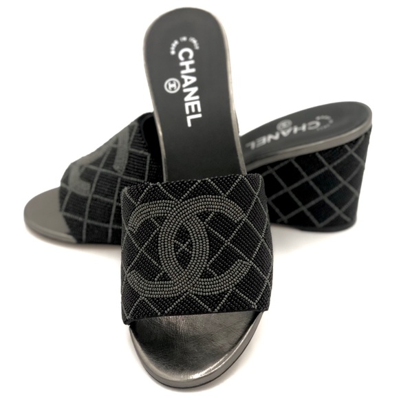 CHANEL Shoes - NEW Chanel 20P Black Gray Pearl Beaded Wedge Mule
